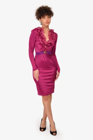 ROBE MIDI EN SOIE VIOLETTE À ENCOLURE EN V ET VOLANTS ROBERTO CAVALLI TAILLE 6 US