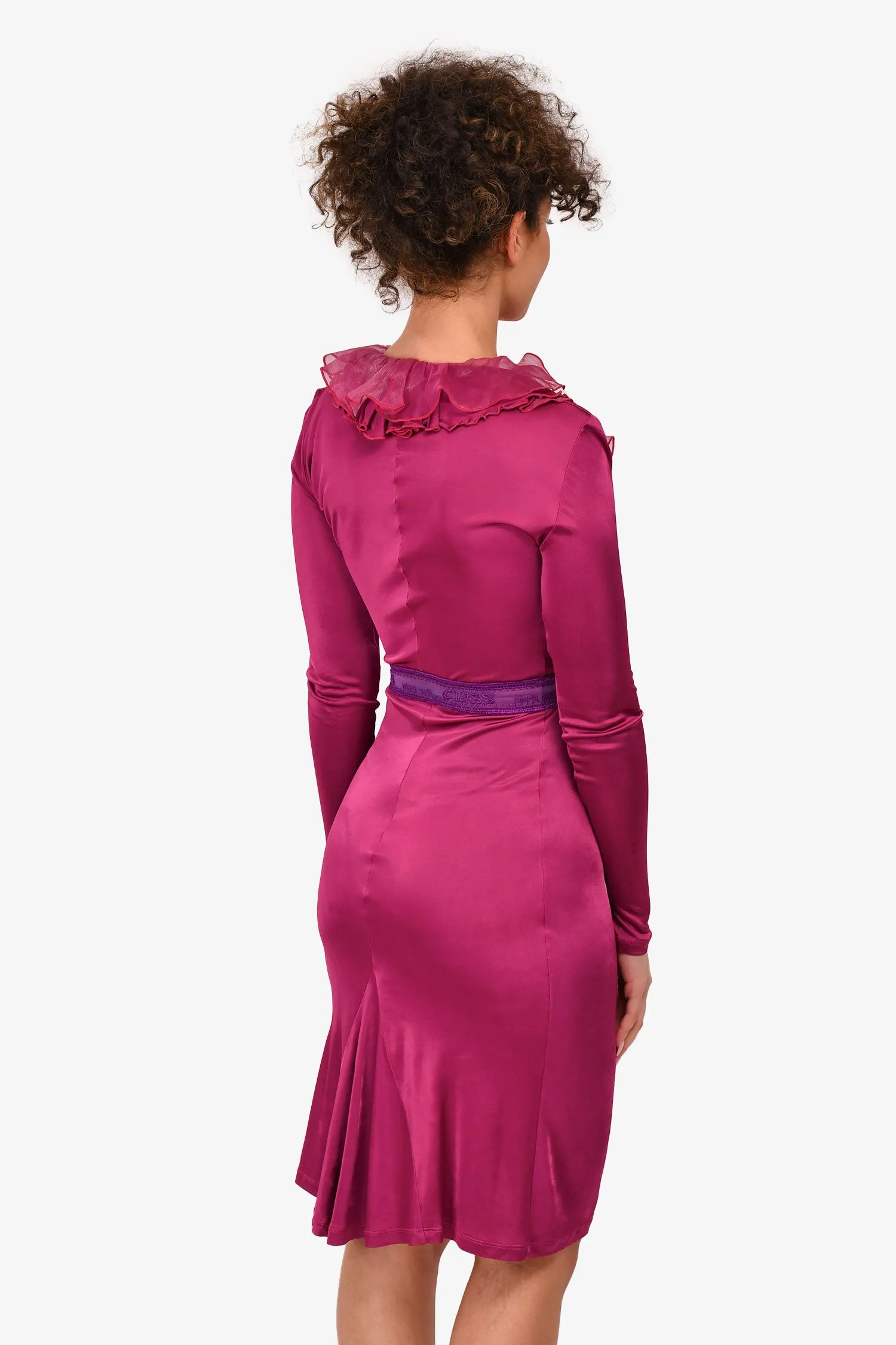 ROBE MIDI EN SOIE VIOLETTE À ENCOLURE EN V ET VOLANTS ROBERTO CAVALLI TAILLE 6 US