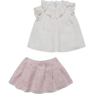 Blouse à volants crème avec jupe texturée rose