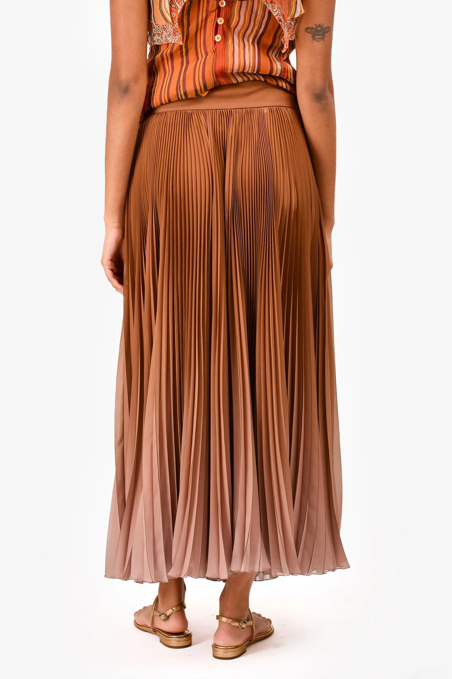 Dolce & Gabbana Jupe Longue Plissée en Satin Ombré Marron Taille 42