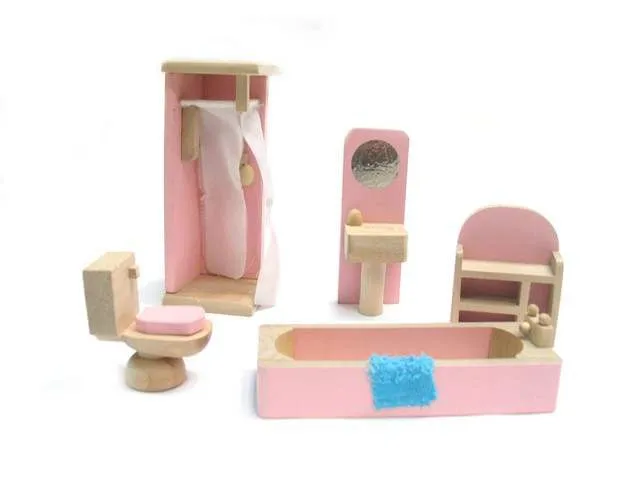 Ensemble de meubles de salle de bain rose pour maison de poupée