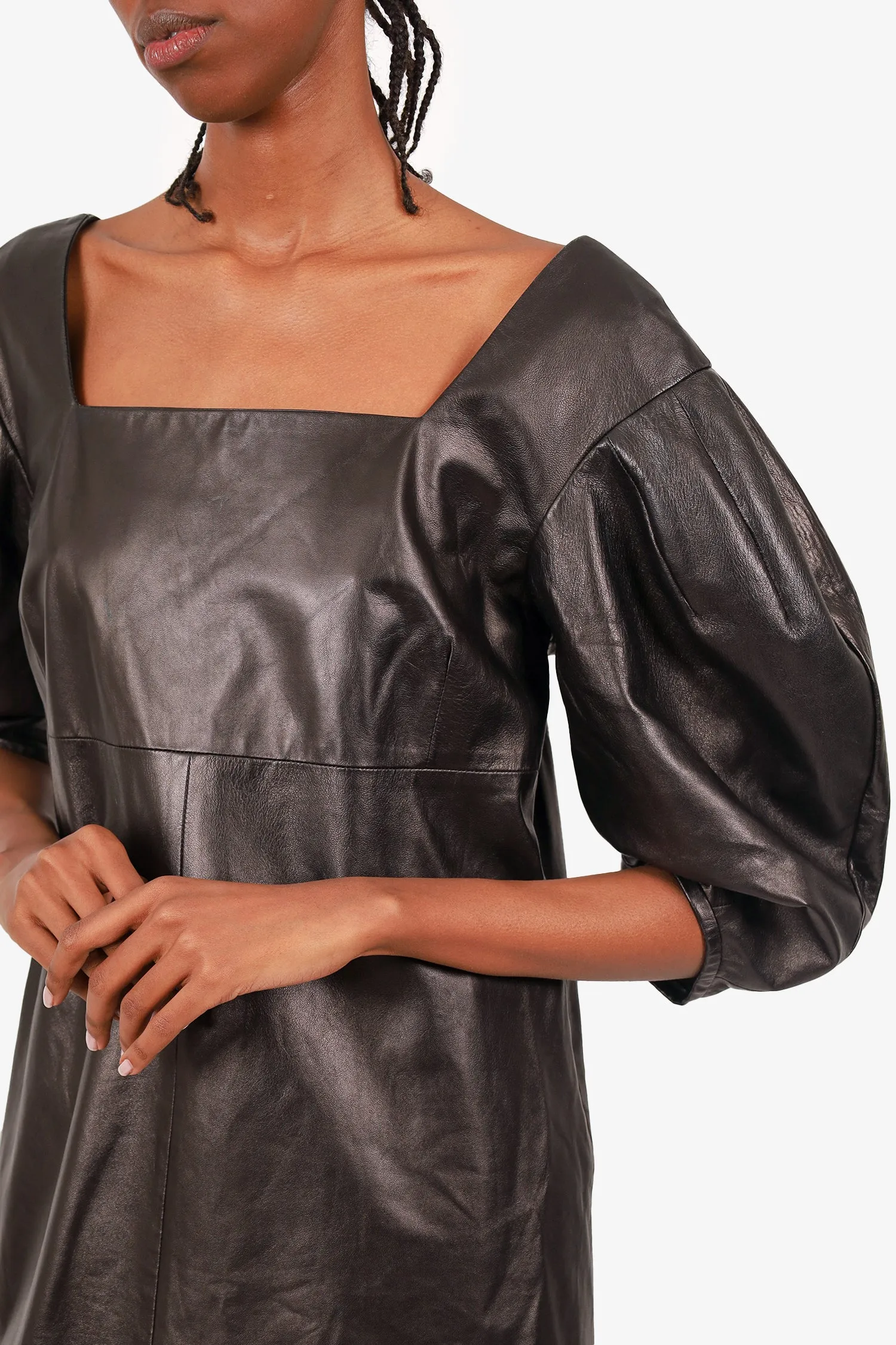 Robe courte DROMe à manches ballon en cuir noir Taille M