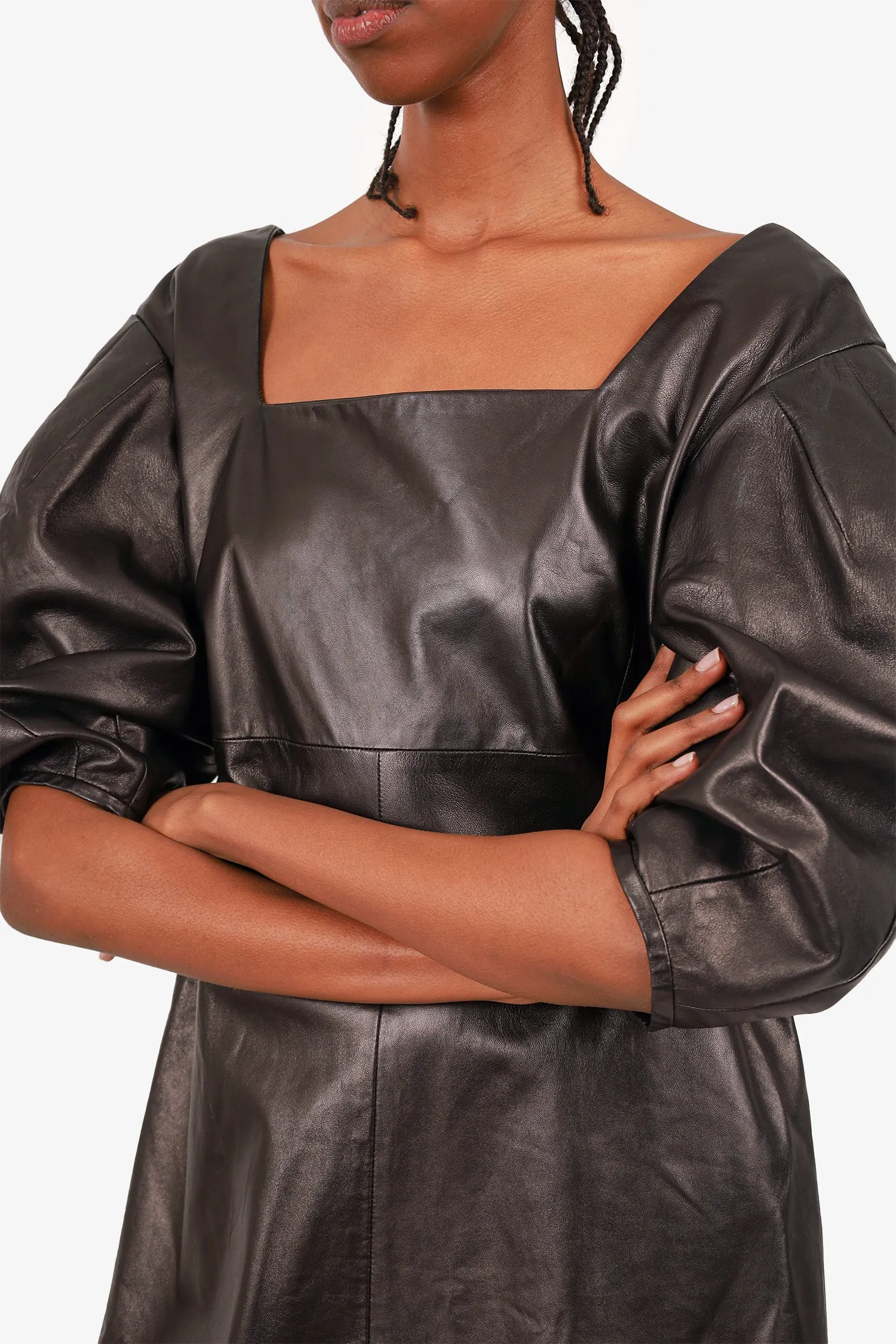 Robe courte DROMe à manches ballon en cuir noir Taille M