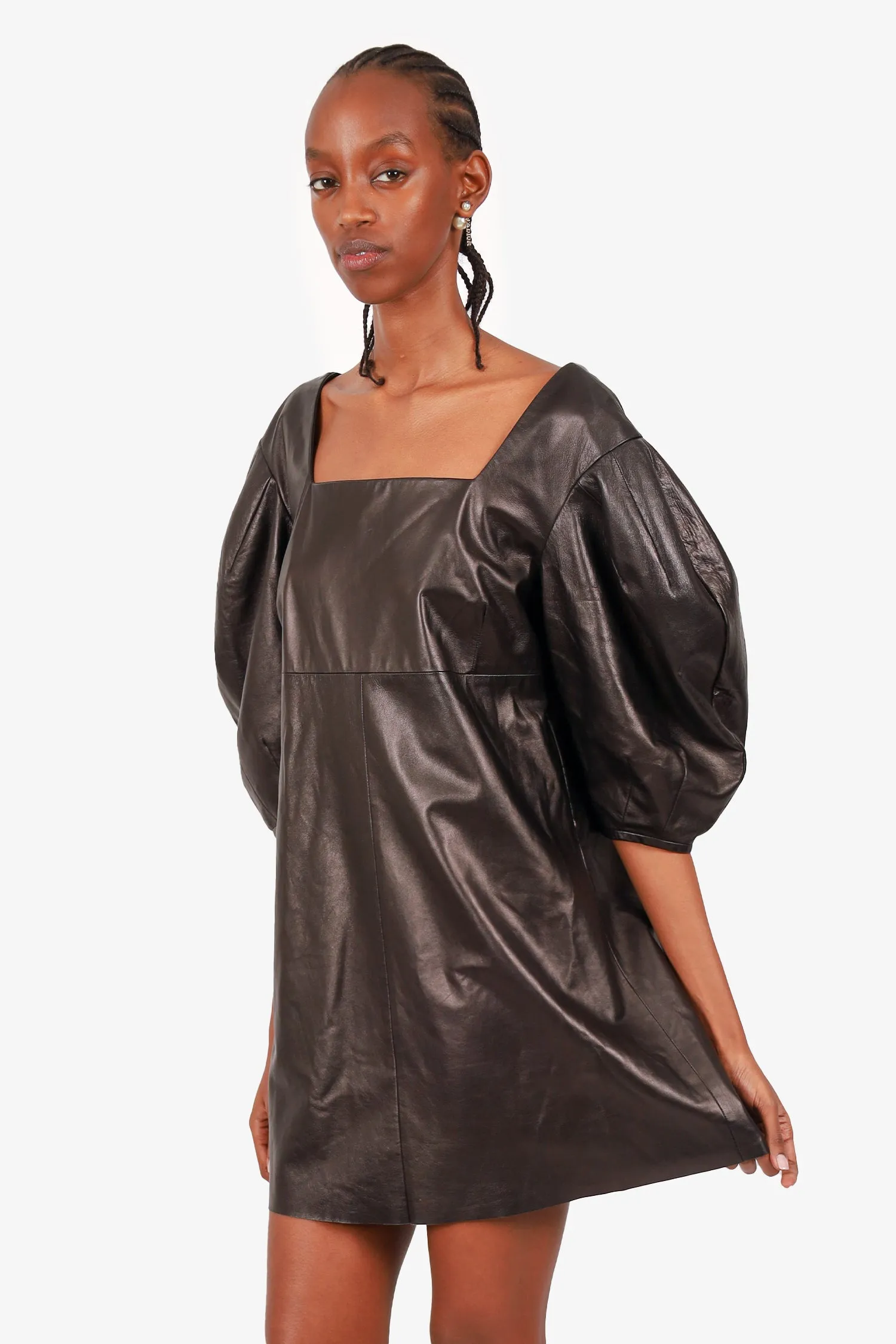 Robe courte DROMe à manches ballon en cuir noir Taille M