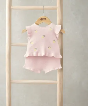 Ensemble Brodé en Maille Haut & Short (2 Pièces) - Rose Bébé Enfants Mamas & Papas