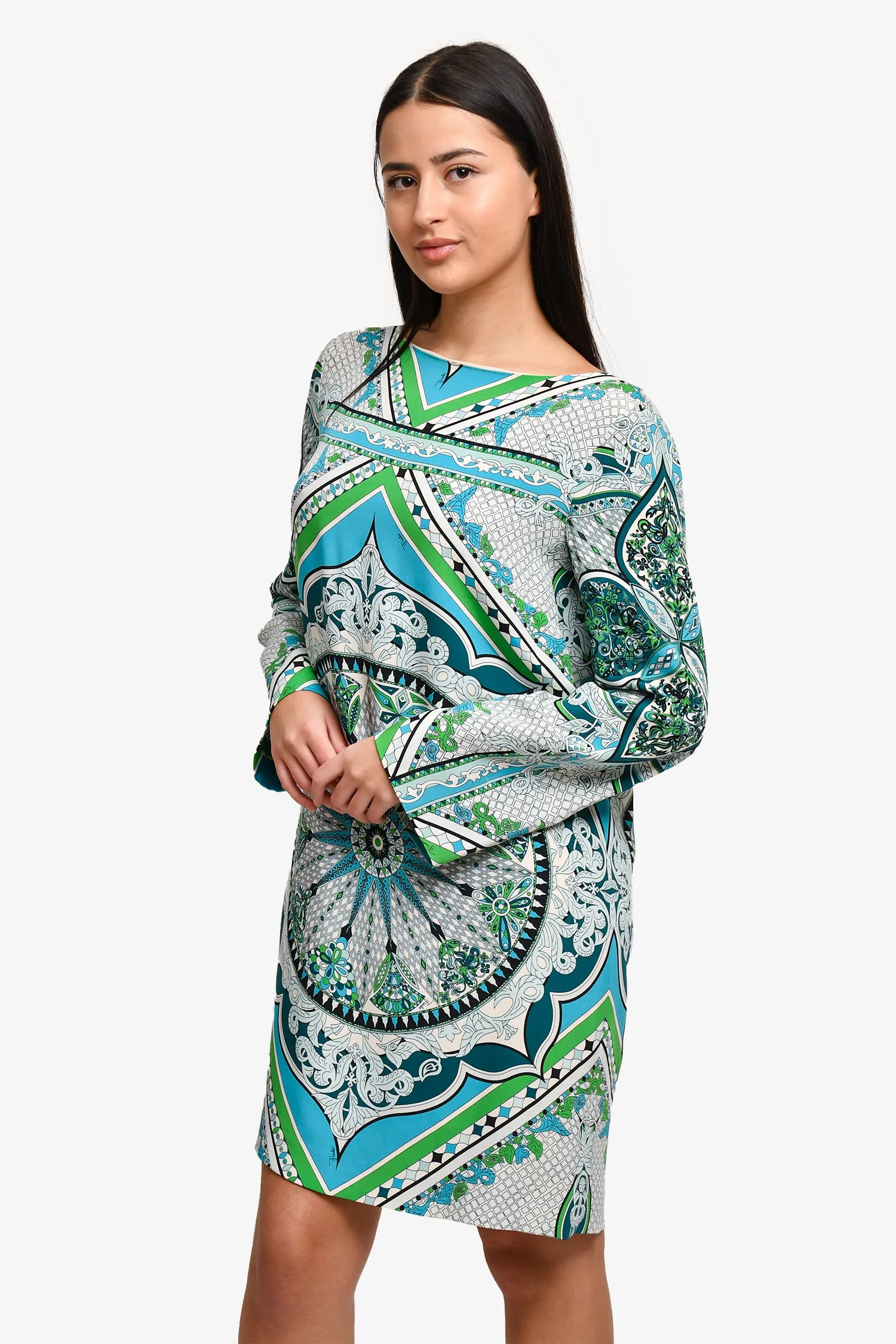 Robe droite en soie imprimée bleu/vert Emilio Pucci Taille 14 US