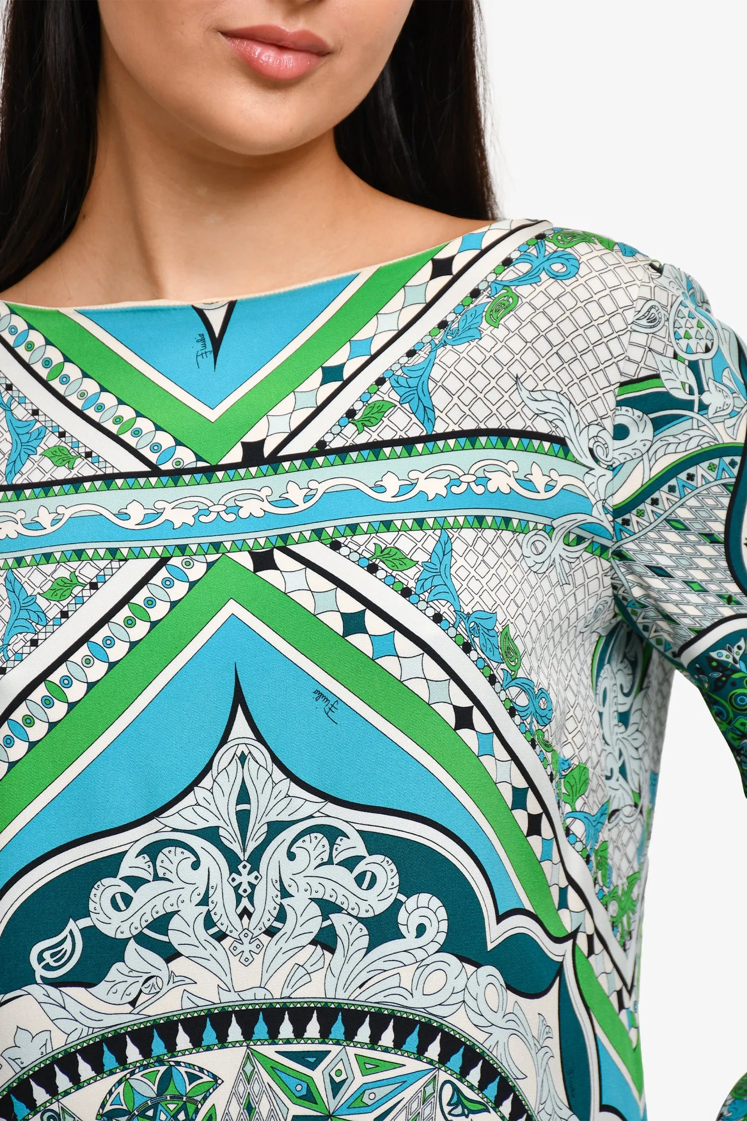 Robe droite en soie imprimée bleu/vert Emilio Pucci Taille 14 US