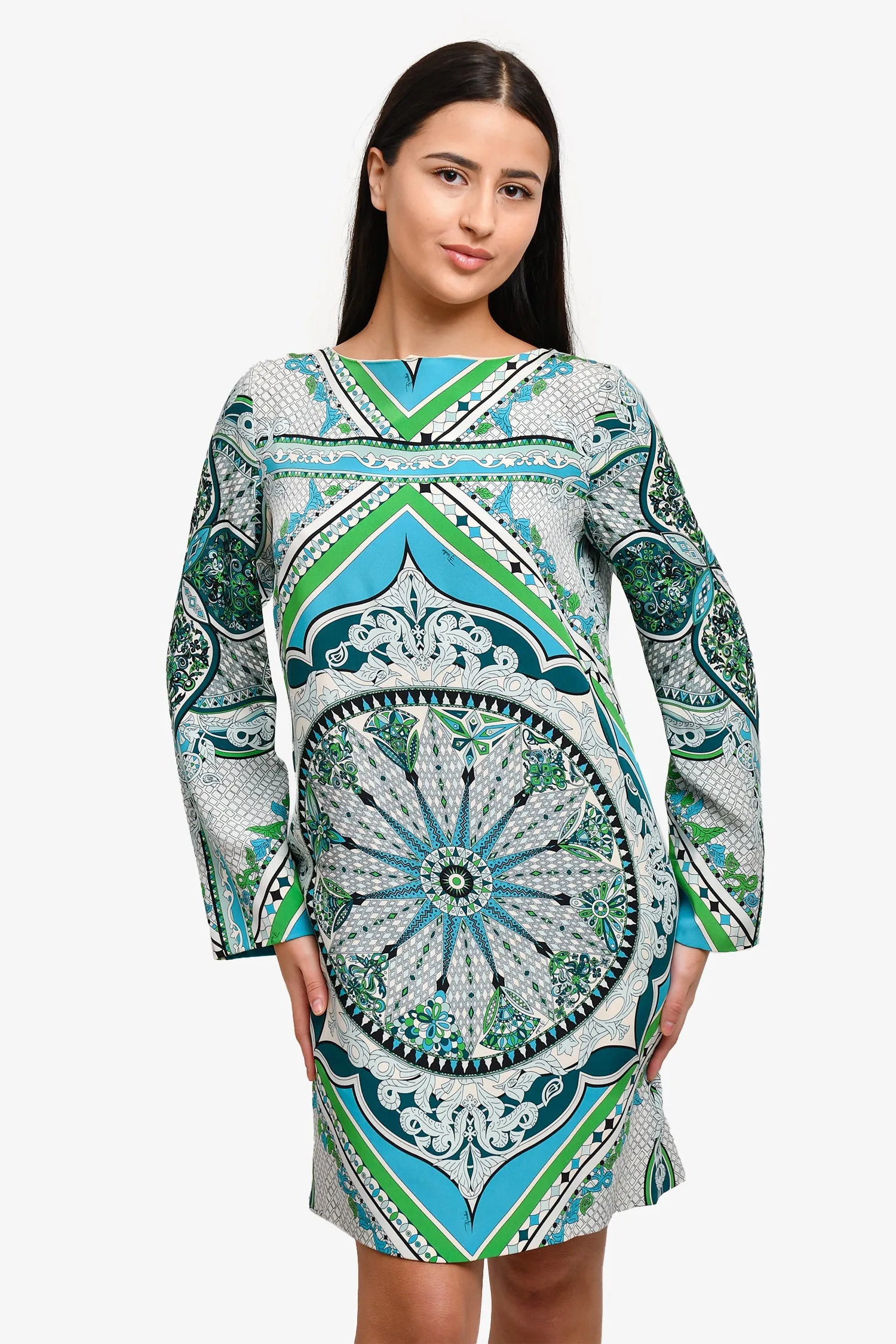 Robe droite en soie imprimée bleu/vert Emilio Pucci Taille 14 US