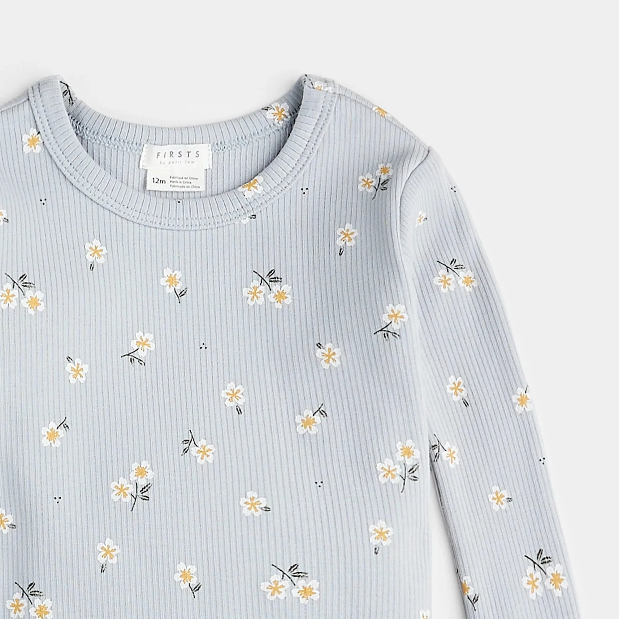 FIRSTS Ensemble de Pyjama Bébé Perle Bleu Cannelé à Imprimé Marguerite