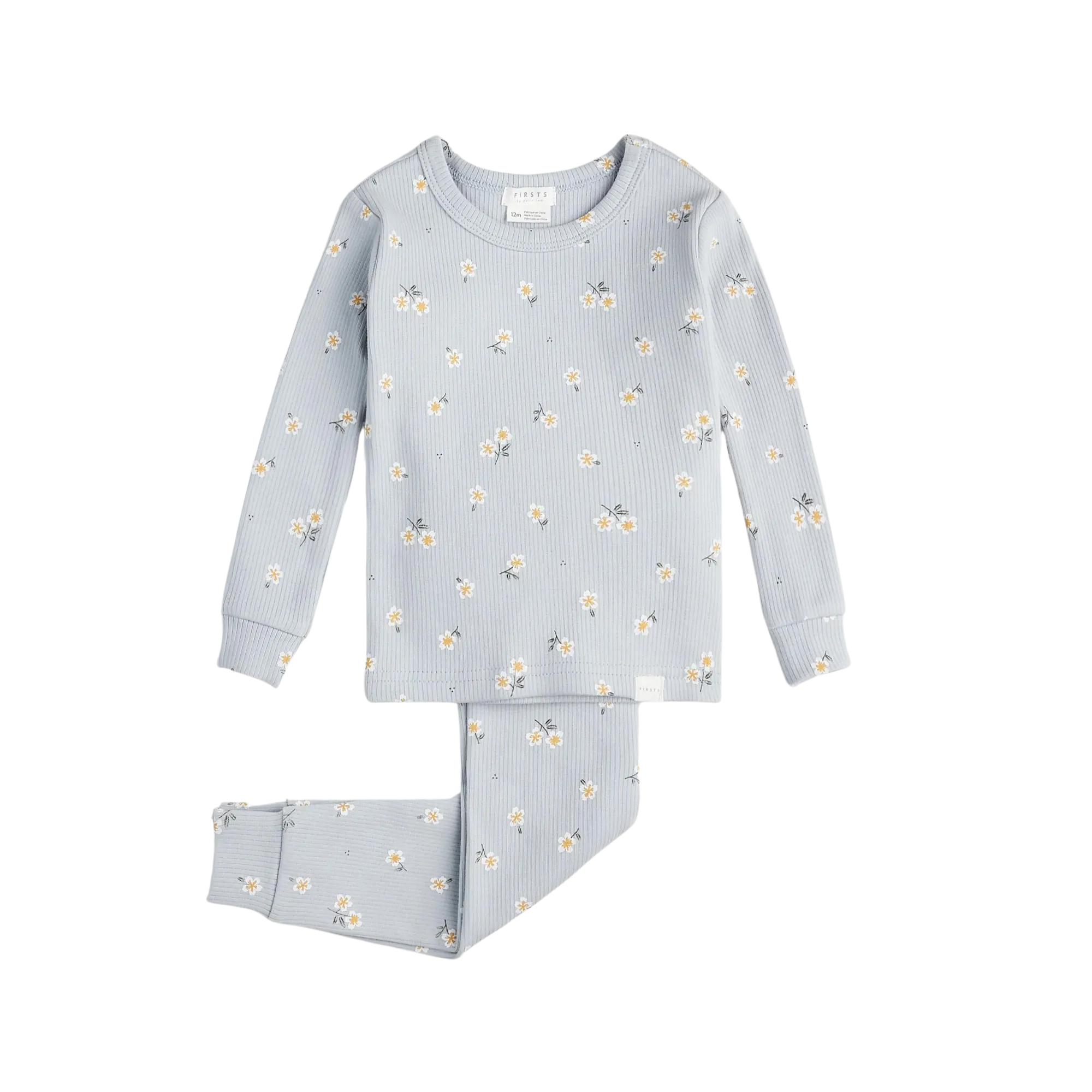 FIRSTS Ensemble de Pyjama Bébé Perle Bleu Cannelé à Imprimé Marguerite