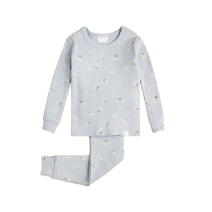 FIRSTS Ensemble de Pyjama Bébé Perle Bleu Cannelé à Imprimé Marguerite