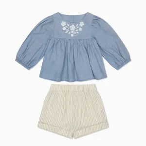 Chemisier en Coton Fleuri & Ensemble de Shorts en Mousseline Rayés