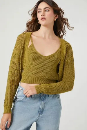 Forever 21 Cardigan en maille court pour femme & Ensemble débardeur Vert olive chaud Forever 21