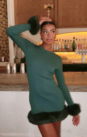 Robe courte Fran ~ Tricot émeraude avec fausse fourrure