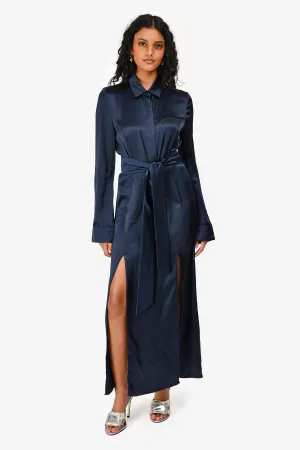 Robe boutonnée à manches longues en soie marine Galvan London avec ceinture taille 6