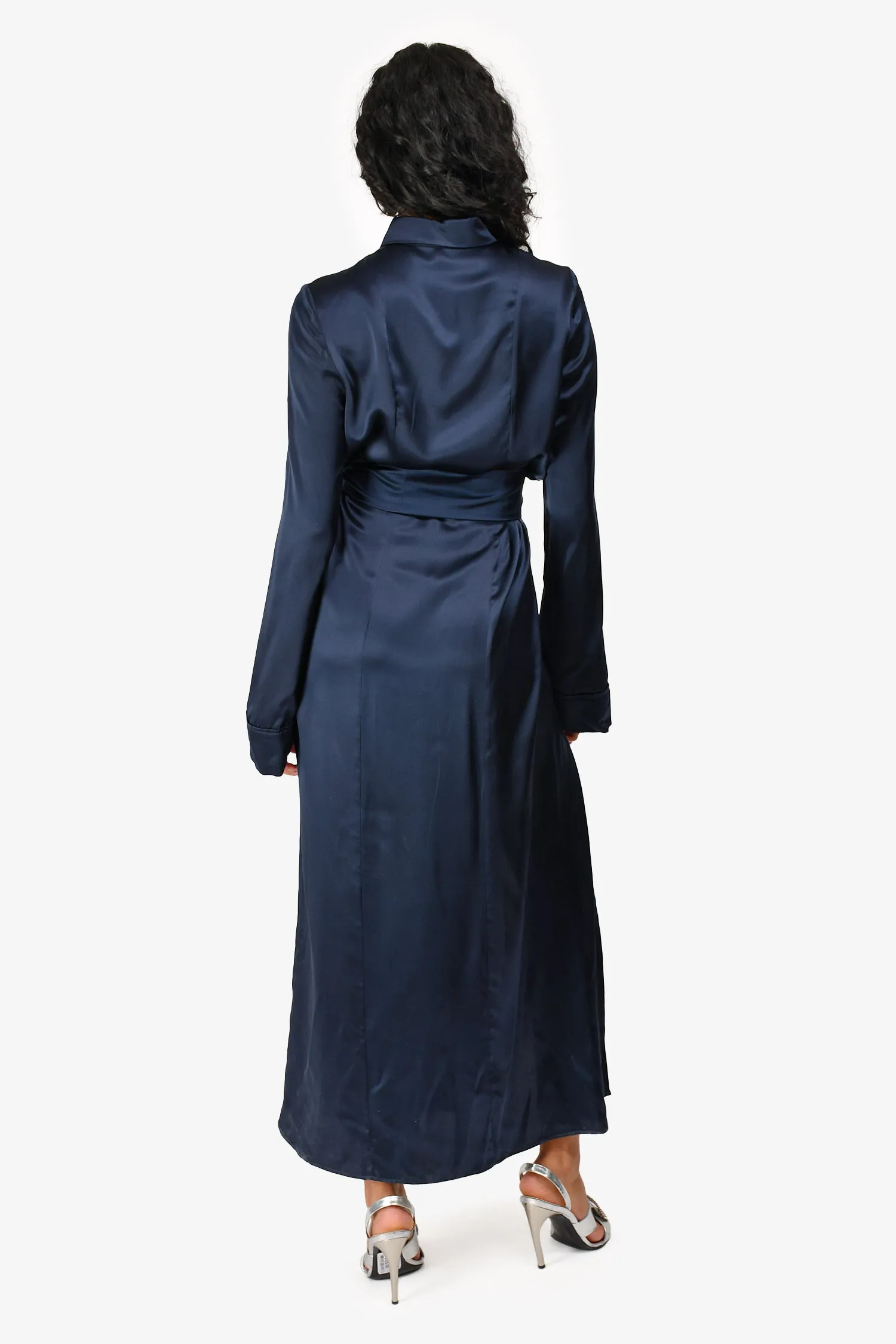 Robe boutonnée à manches longues en soie marine Galvan London avec ceinture taille 6
