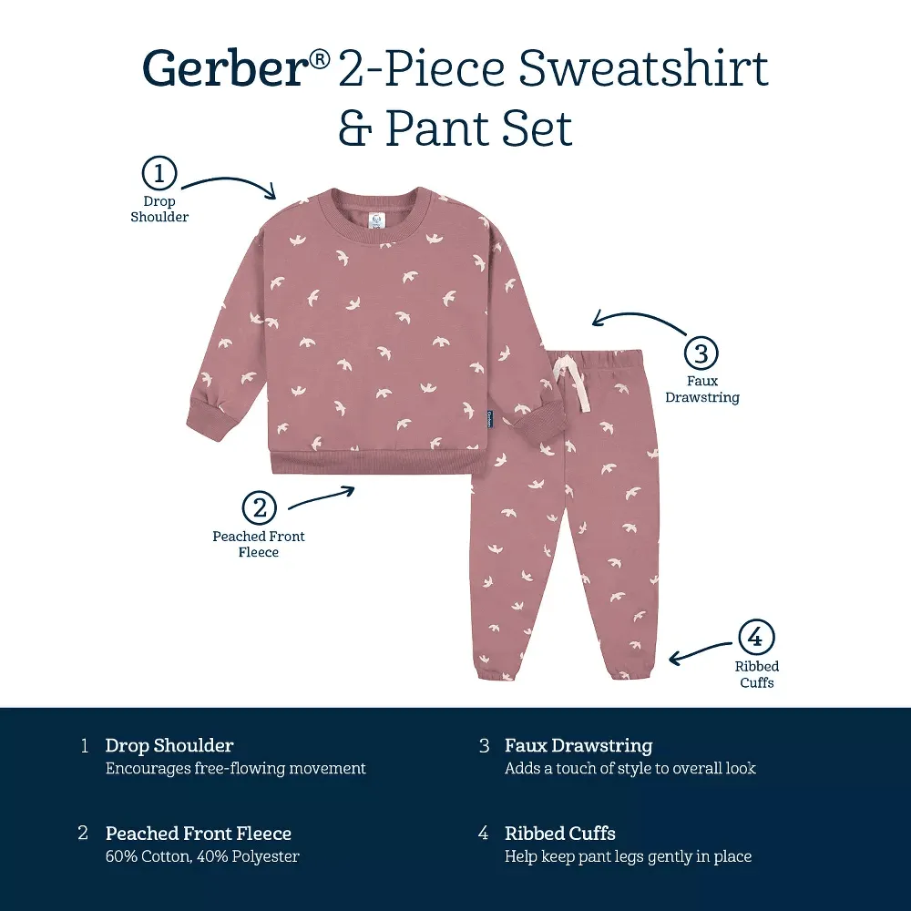 Ensemble sweat-shirt et pantalon actif Gerber pour bébés et fillettes - 2 pièces Oiseaux Babykids Gerber