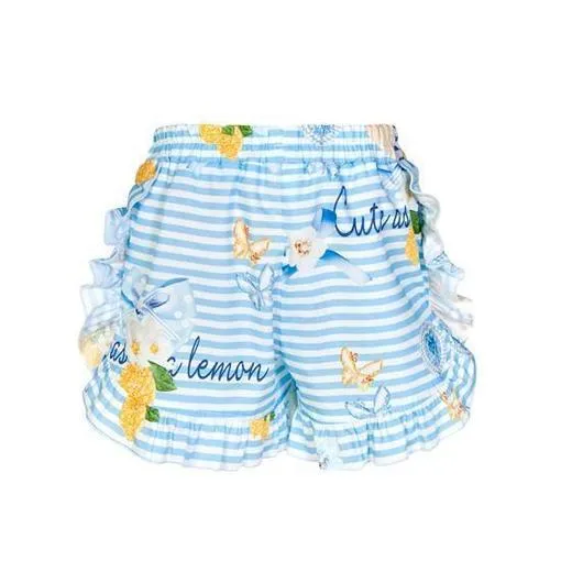 Short en jean bleu à rayures et volants pour filles