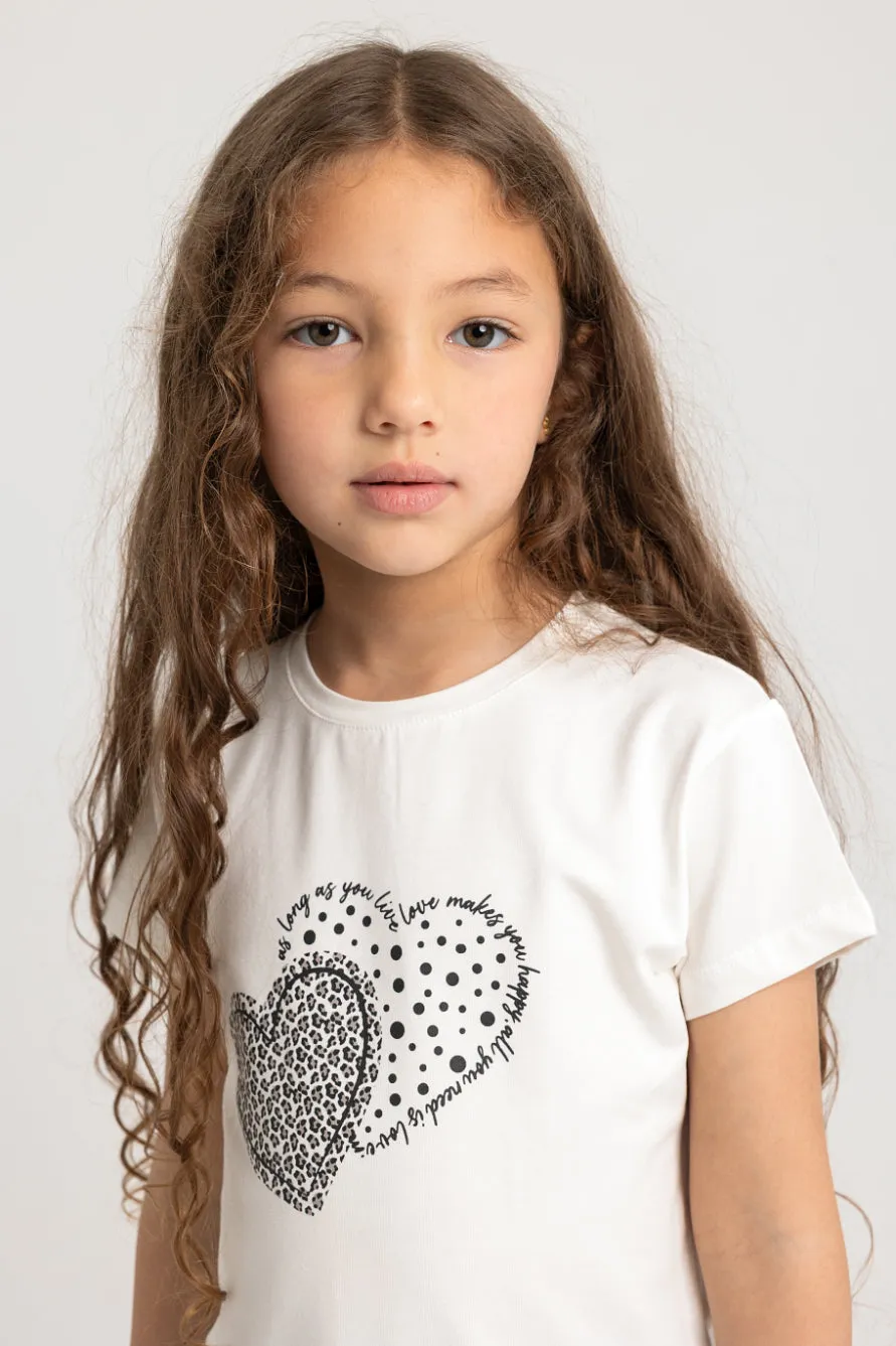 Pyjama en Coton pour Filles – Blanc cassé avec Motif Deux Cœurs