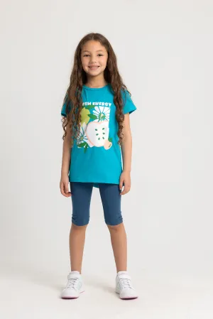 Pyjama en Coton pour Filles – Turquoise avec Imprimé Énergisant