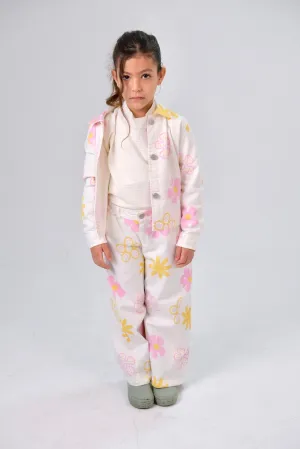 Pantalons en gabardine imprimés pour filles – Blanc cassé à fleurs