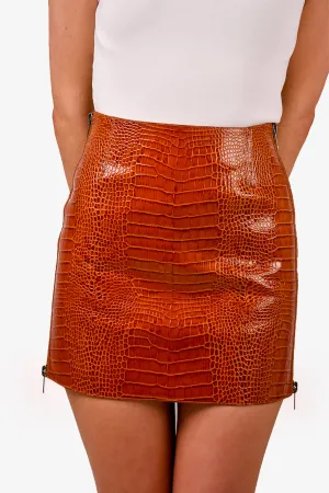 Givenchy Jupe Mini en Cuir Imprimé Croco Marron Taille 34