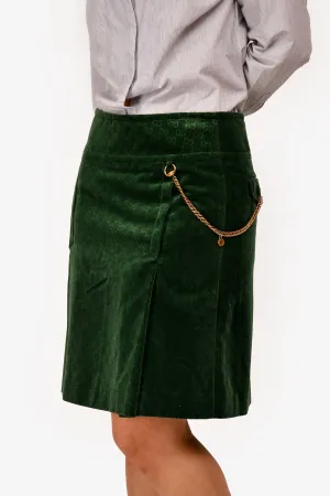 Jupe plissée mi-longue en velours vert GG avec chaîne Gucci Taille 40
