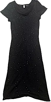 Londres Royaume-Uni écrit à la main. Tanya Sarne. Robe vintage en viscose noire avec embellissements en paillettes
