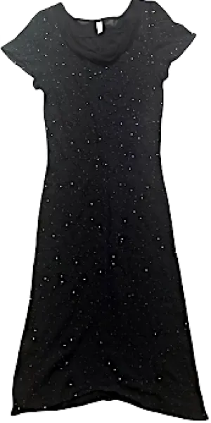 Londres Royaume-Uni écrit à la main. Tanya Sarne. Robe vintage en viscose noire avec embellissements en paillettes