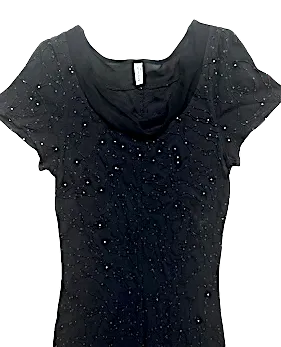 Londres Royaume-Uni écrit à la main. Tanya Sarne. Robe vintage en viscose noire avec embellissements en paillettes