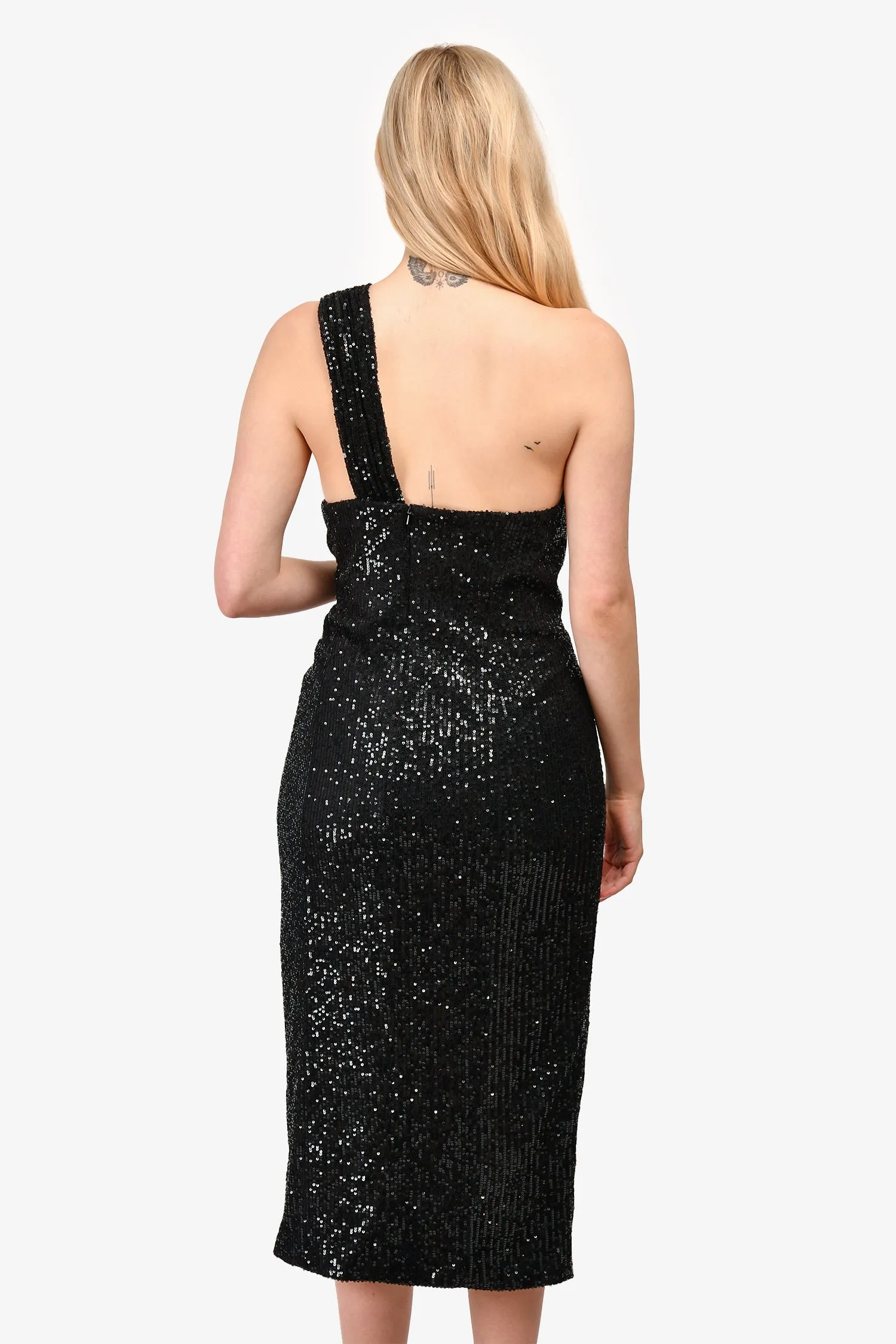 Ieena pour Mac Duggal Robe mi-longue à une épaule avec nœud et paillettes noires Taille 12