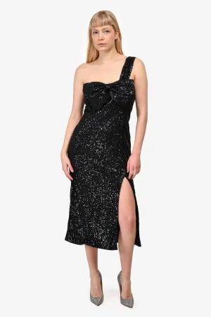 Ieena pour Mac Duggal Robe mi-longue à une épaule avec nœud et paillettes noires Taille 12