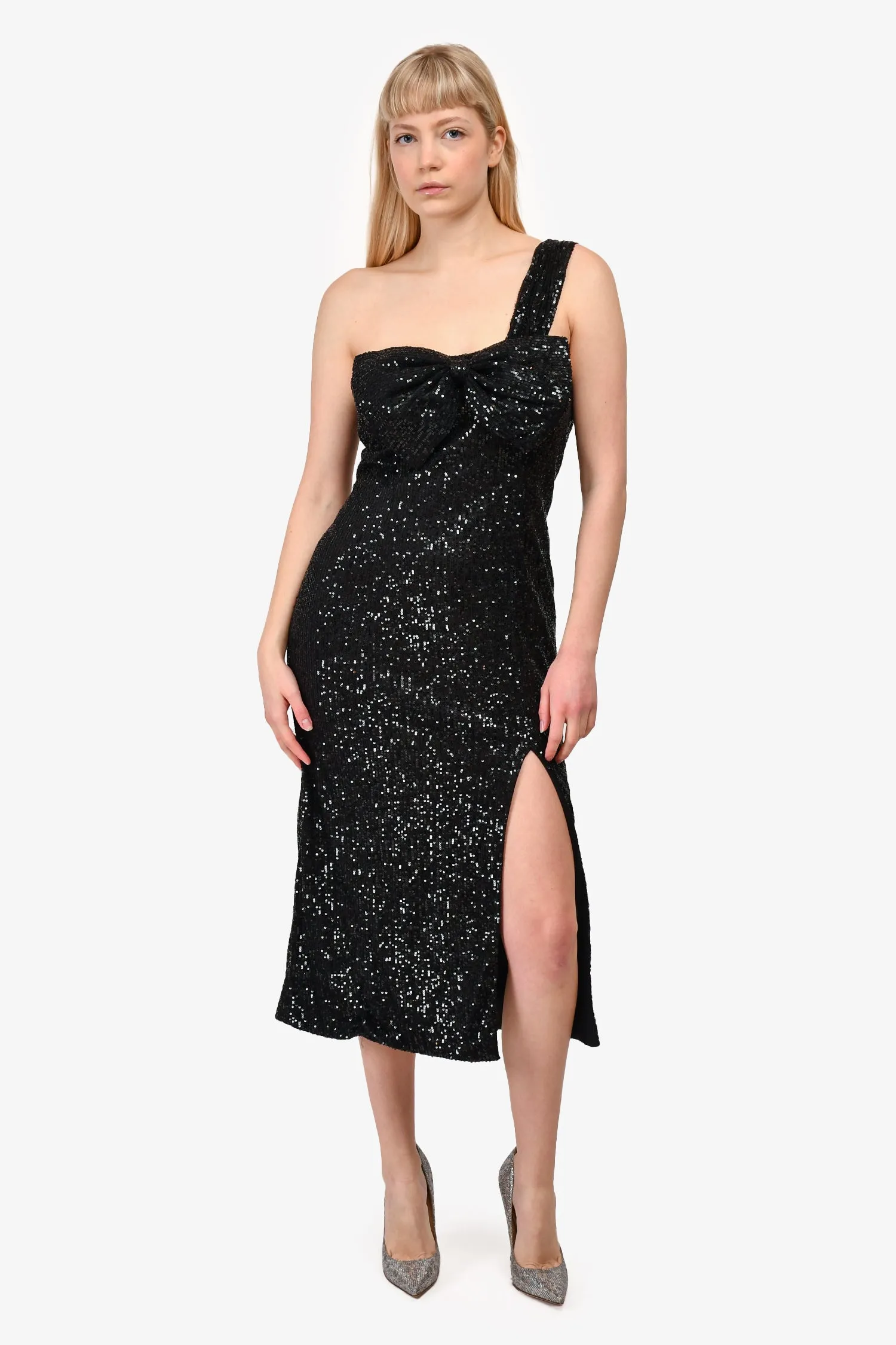 Ieena pour Mac Duggal Robe mi-longue à une épaule avec nœud et paillettes noires Taille 12