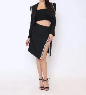 Ensemble Jupe Fendue Brodée de Joyaux en Noir