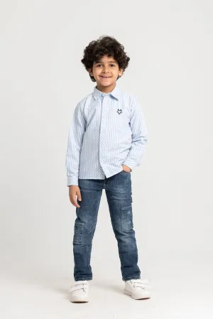 Chemise à manches longues en coton rayé pour garçons – Blanc & Bleu ciel