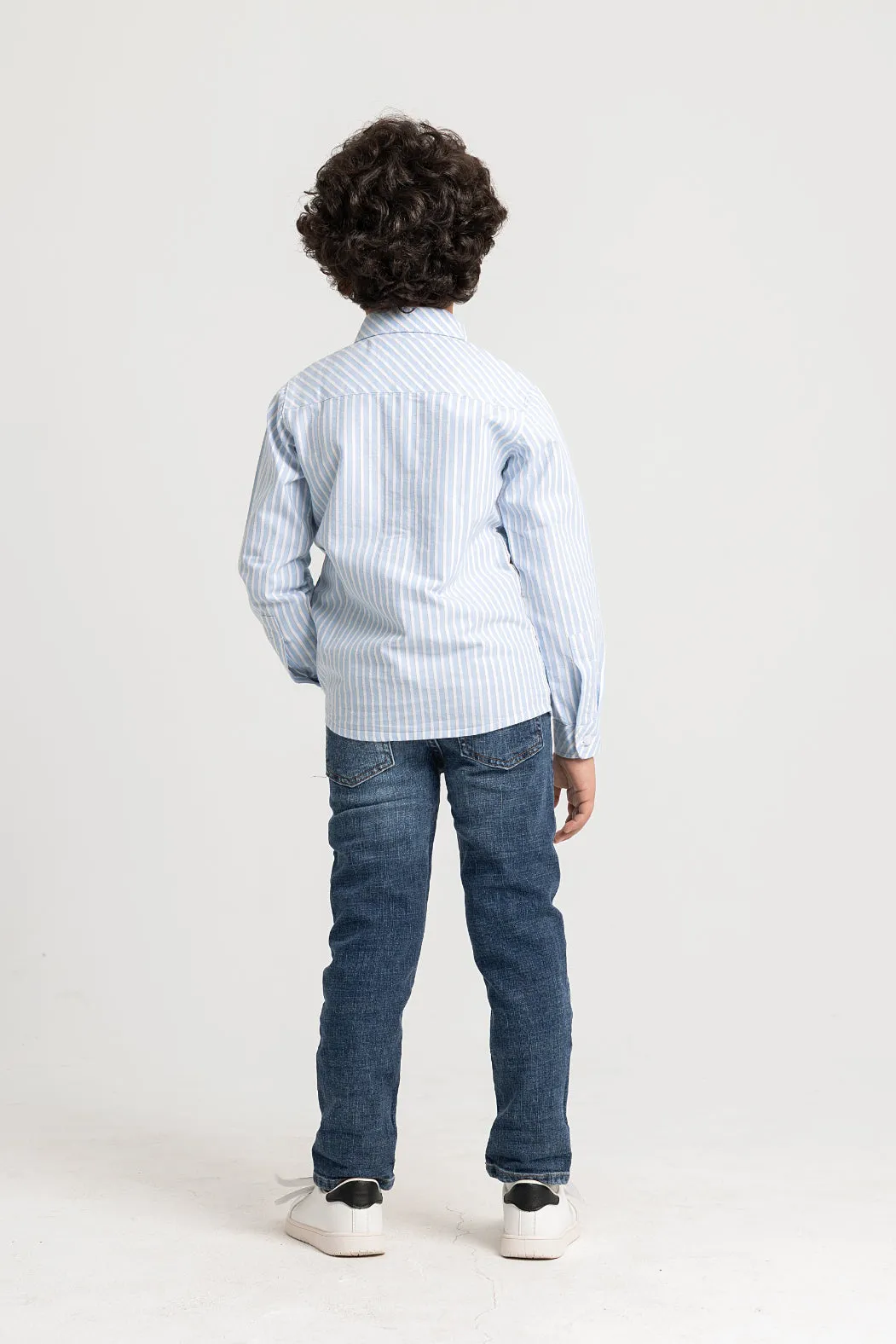 Chemise à manches longues en coton rayé pour garçons – Blanc & Bleu ciel