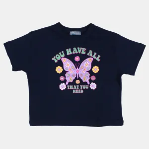 T-shirt en coton à manches courtes pour filles – Bleu marine avec un motif papillon