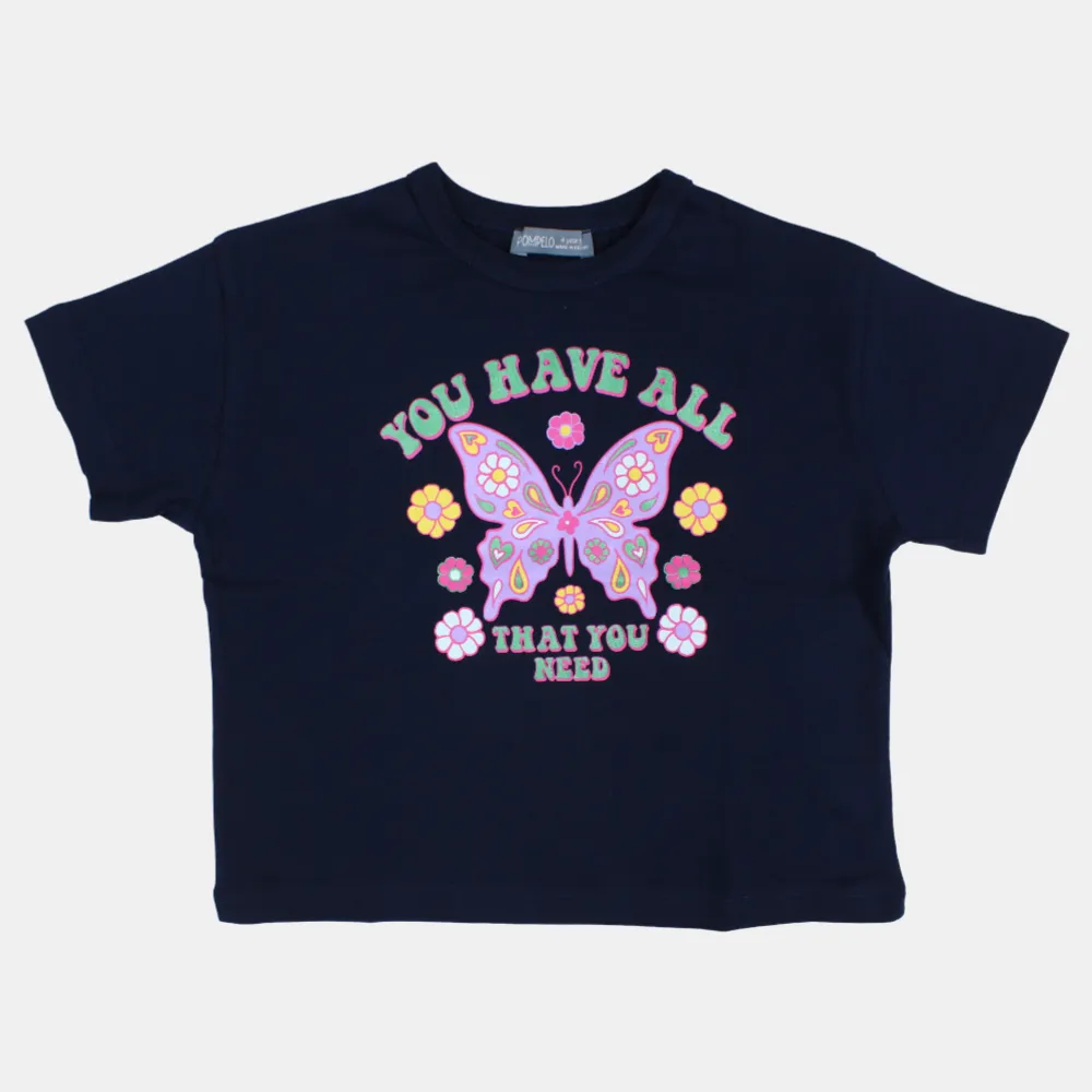 T-shirt en coton à manches courtes pour filles – Bleu marine avec un motif papillon