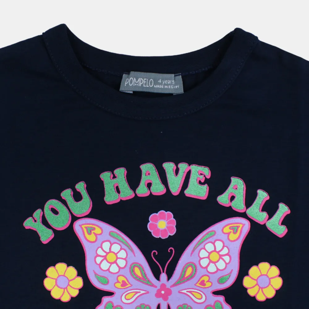 T-shirt en coton à manches courtes pour filles – Bleu marine avec un motif papillon