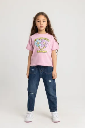 T-shirt en coton à manches courtes pour filles – Rose avec joli motif floral