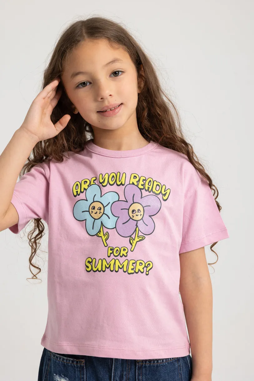 T-shirt en coton à manches courtes pour filles – Rose avec joli motif floral