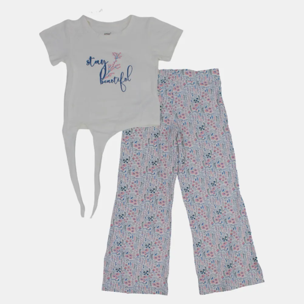Pyjama court en coton pour filles – Blanc cassé à motif floral