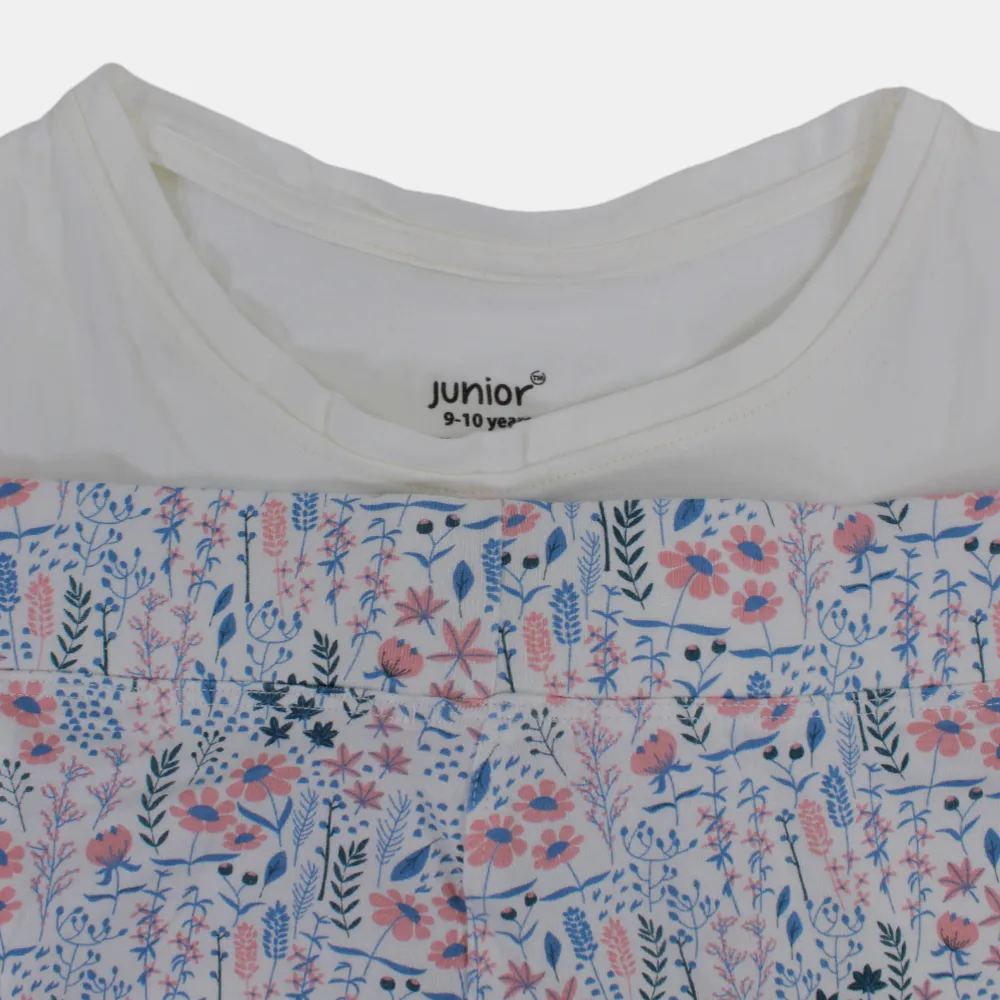Pyjama court en coton pour filles – Blanc cassé à motif floral