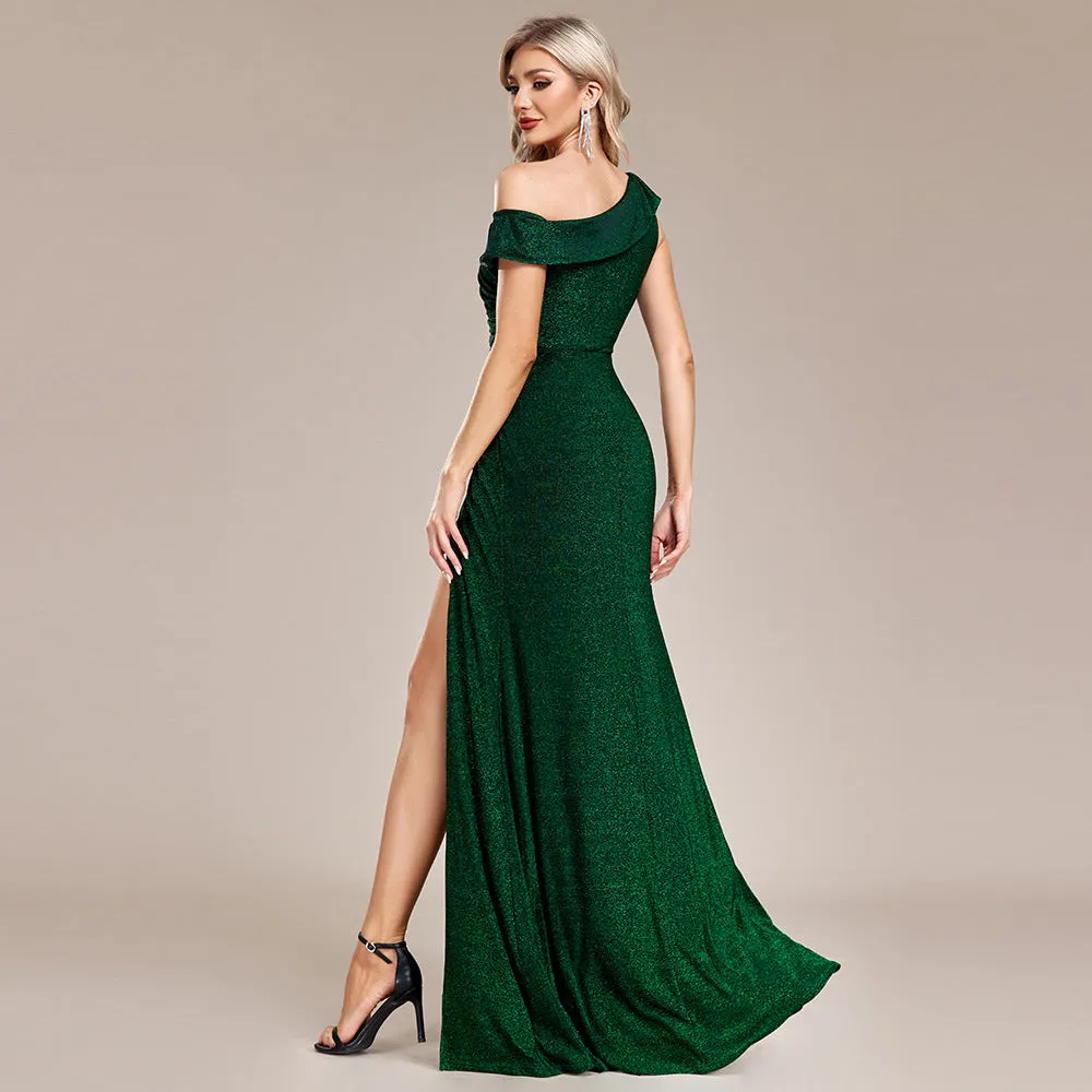 Robe de soirée élégante pour femmes, asymétrique à une épaule, plissée avec fermeture éclair, sexy et droite