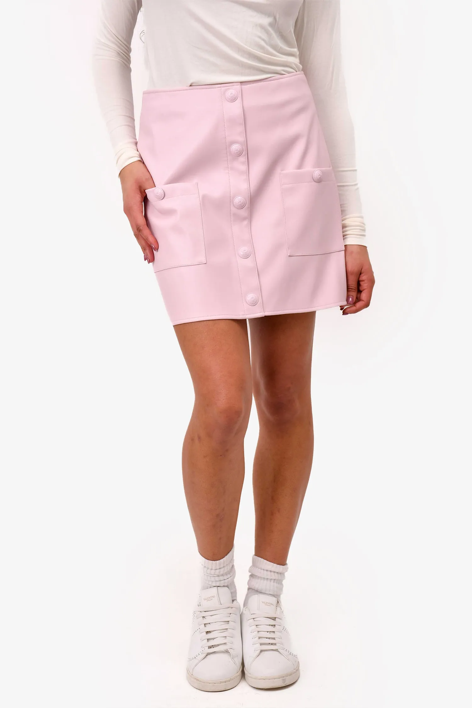 L'Agence Mini-jupe en similicuir rose avec boutons dorés Taille 6