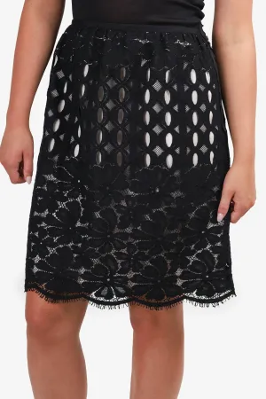 Jupe mi-longue Lanvin en dentelle noire avec découpes - Taille 44