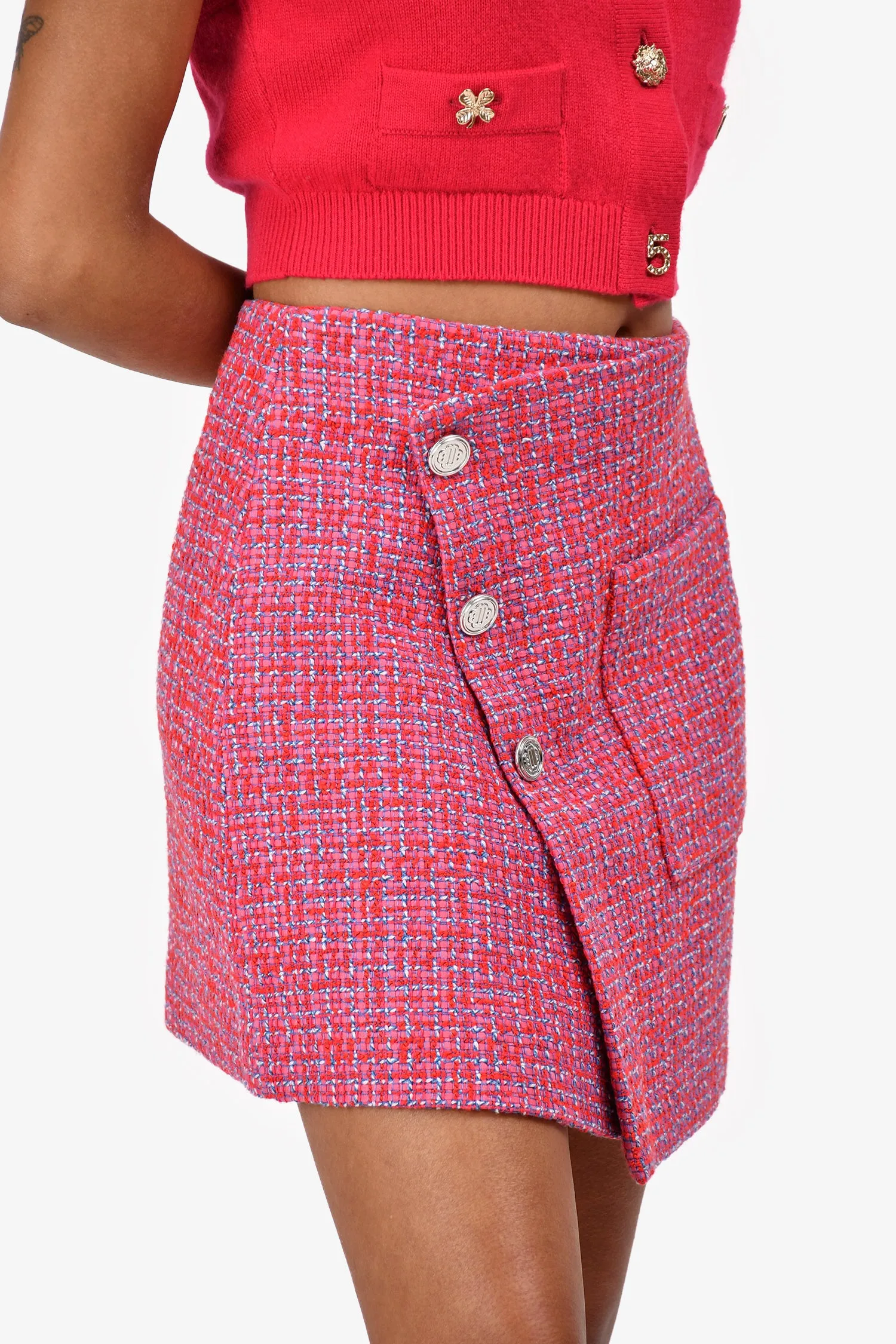 Maje Jupe Mini Tweed Rose/Bleu Entrecroisé Taille 38
