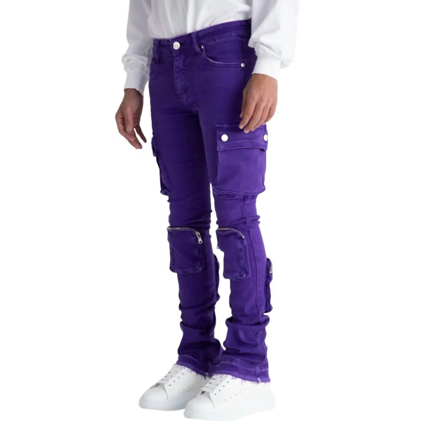 Jean cargo évasé pour homme Never Look Back en denim violet