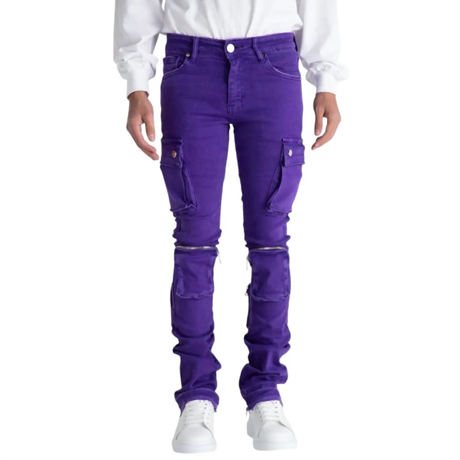 Jean cargo évasé pour homme Never Look Back en denim violet