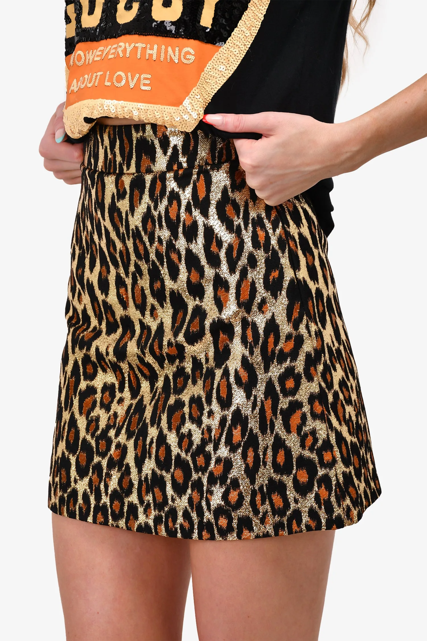 Miu Miu Mini-jupe imprimée léopard métallisée or 2018 Taille 36